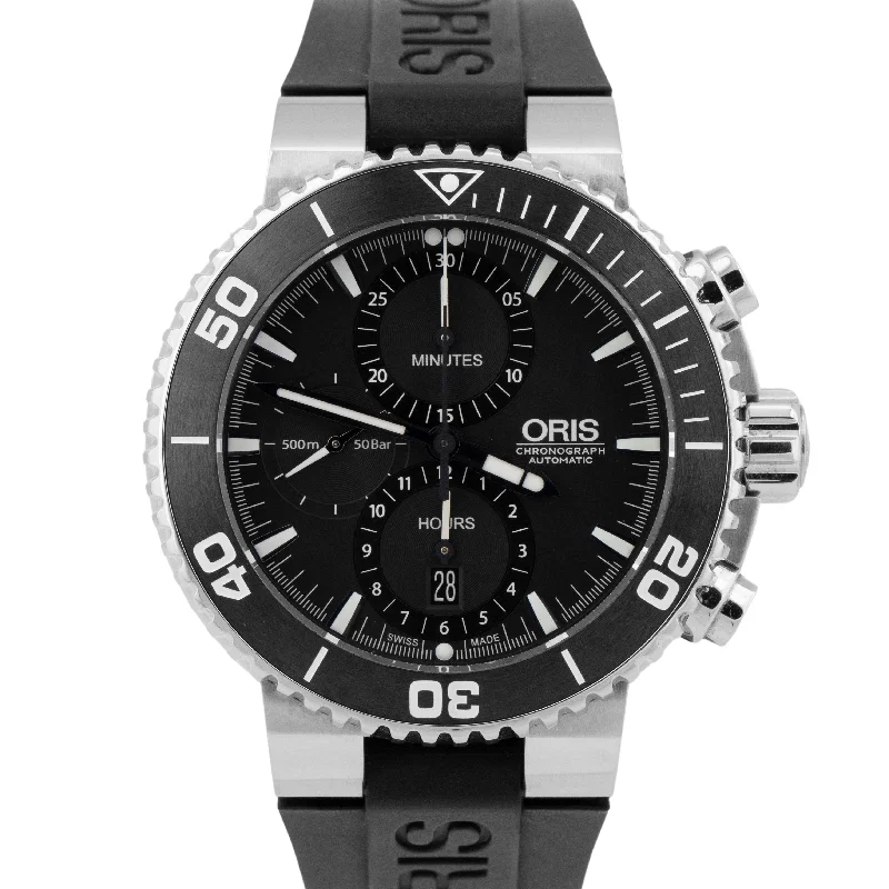 Men's Luxury Watches with Classic Design-Oris Aquis Chronograph Black 46mm PAPERS Watch 01 774 7655 4154-07 4 26 34EB B+P