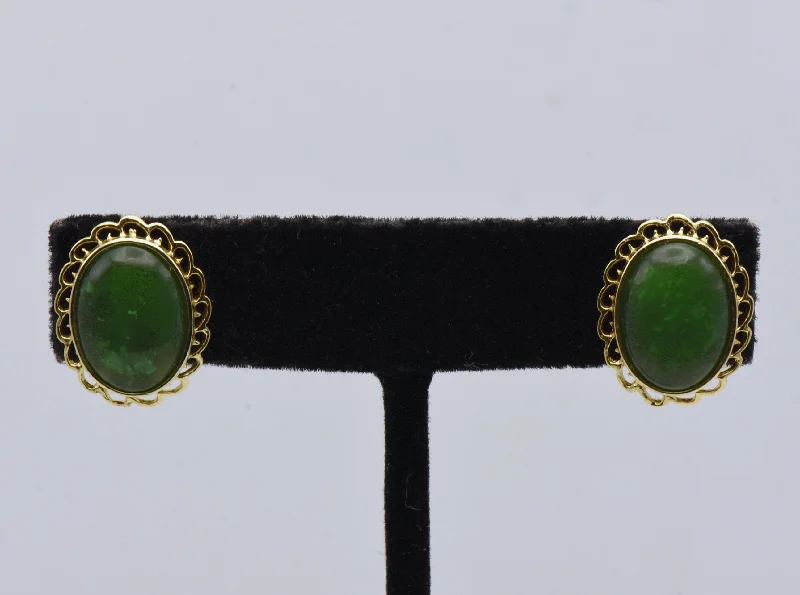 Gold Plated Earrings for Women-Oval Jade Gold Tone Stud Earrings