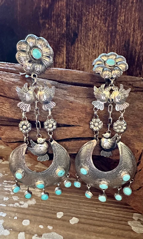 Silver Hoop Earrings-FEDERICO TURQUOISE LOVEBIRDS Mexican Silver Earrings