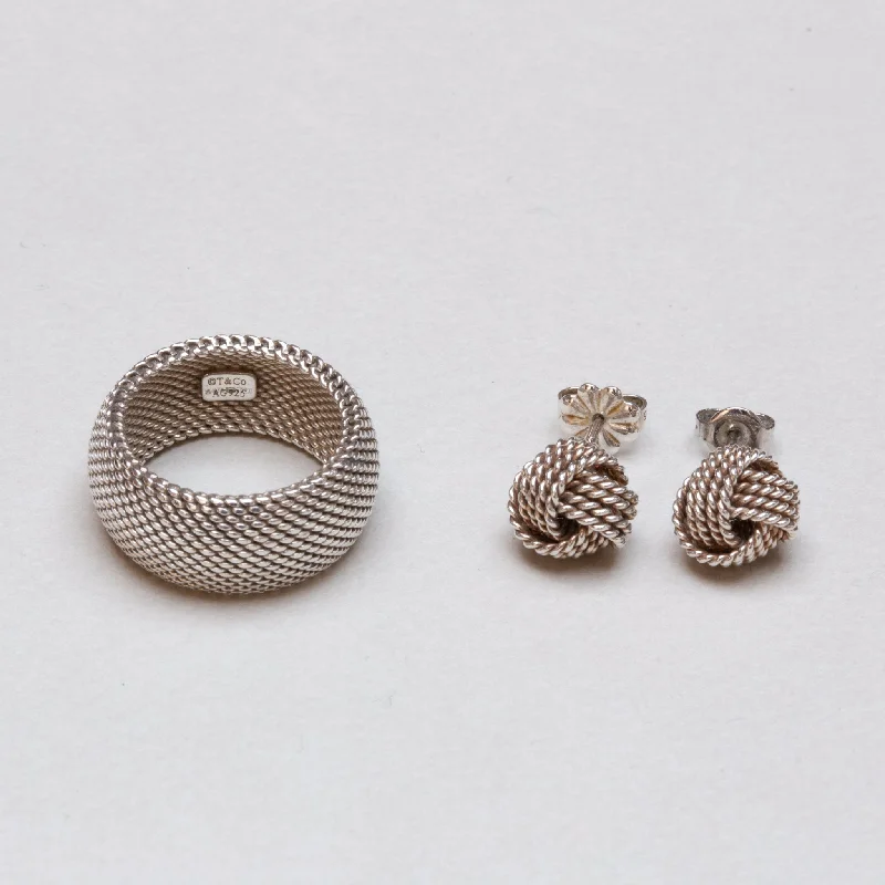 Minimalist Earrings for Every Day-Vintage Tiffany Stering Silver Somerset Mesh Knot Stud Earrings and Ring