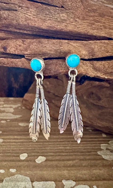 Unique Earrings for Trendy Looks-FEATHER CHARMS Silver and Turquoise Dangle Earrings