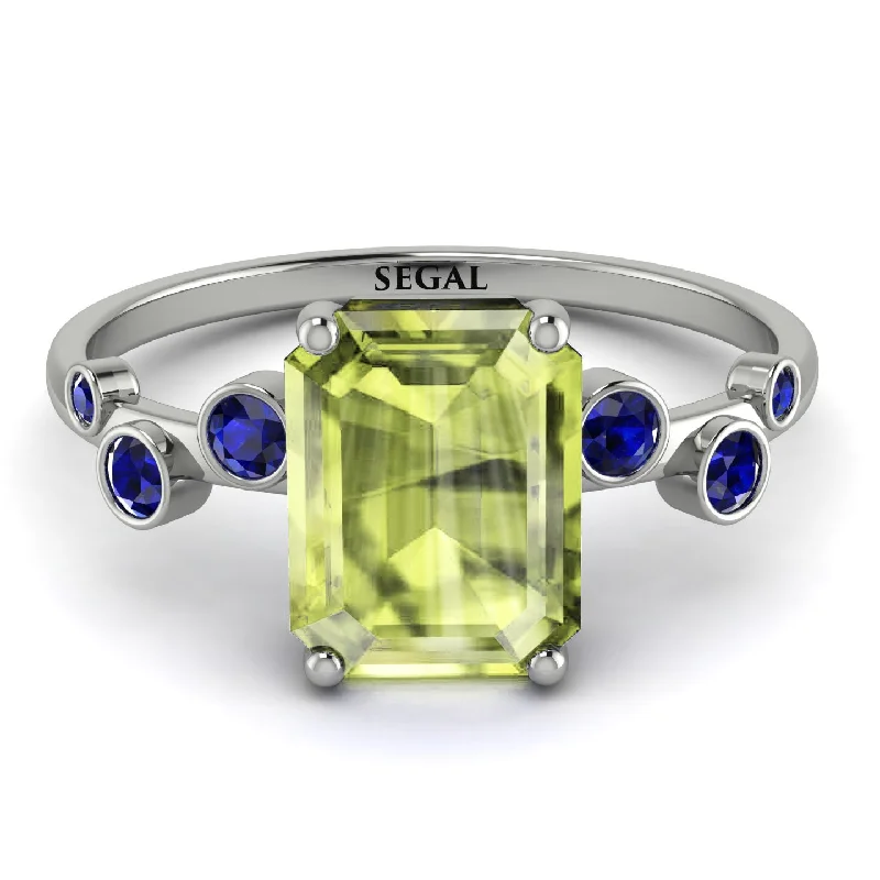 Sapphire Engagement Ring for Women-Emerald Cut Peridot Ring With Bezel - Alina No. 715