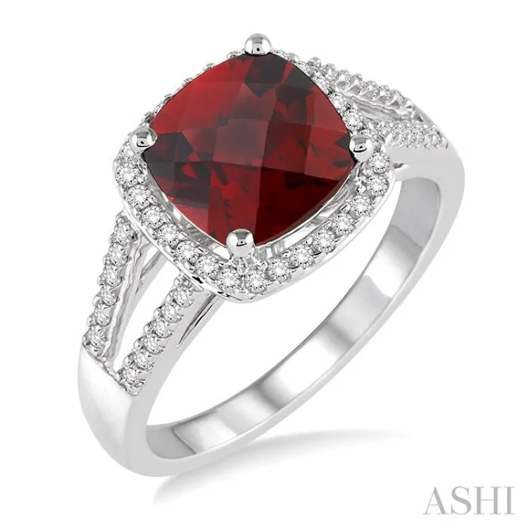 Elegant Wedding Band for Women-8x8 MM Cushion Cut Garnet and 1/4 Ctw Round cut Diamond Ring in 10K White Gold