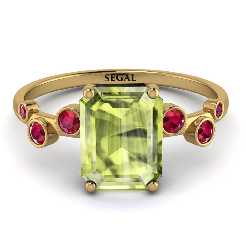 Wedding Ring with Custom Engraving-Emerald Cut Peridot Ring With Bezel - Alina No. 710