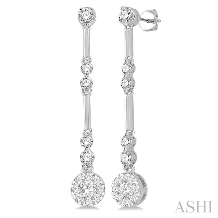 Classic Pearl Earrings for Brides-3/4 ctw Tri-Section Lovebright Round Cut Diamond Bar Link Earrings in 14K White Gold