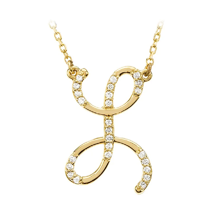 Bohemian Necklace for Beach Wear-1/8 Ct Diamond 14k Yellow Gold Medium Script Initial L Necklace, 17in