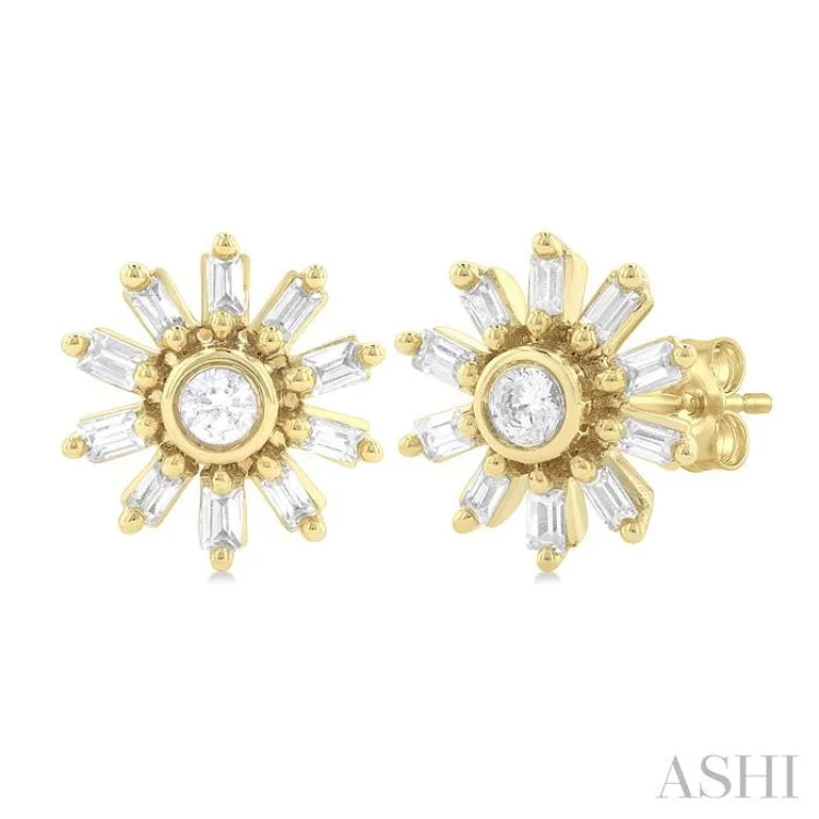 Neon Earrings for Parties-1/4 ctw Petite Wheel Baguette and Round Cut Diamond Fashion Stud Earring in 10K Yellow Gold