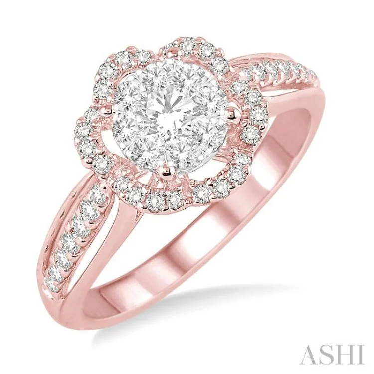 Chunky Statement Ring for Women-5/8 Ctw Round Cut Diamond Lovebright Flower Shape Ring in 14K Rose and White Gold