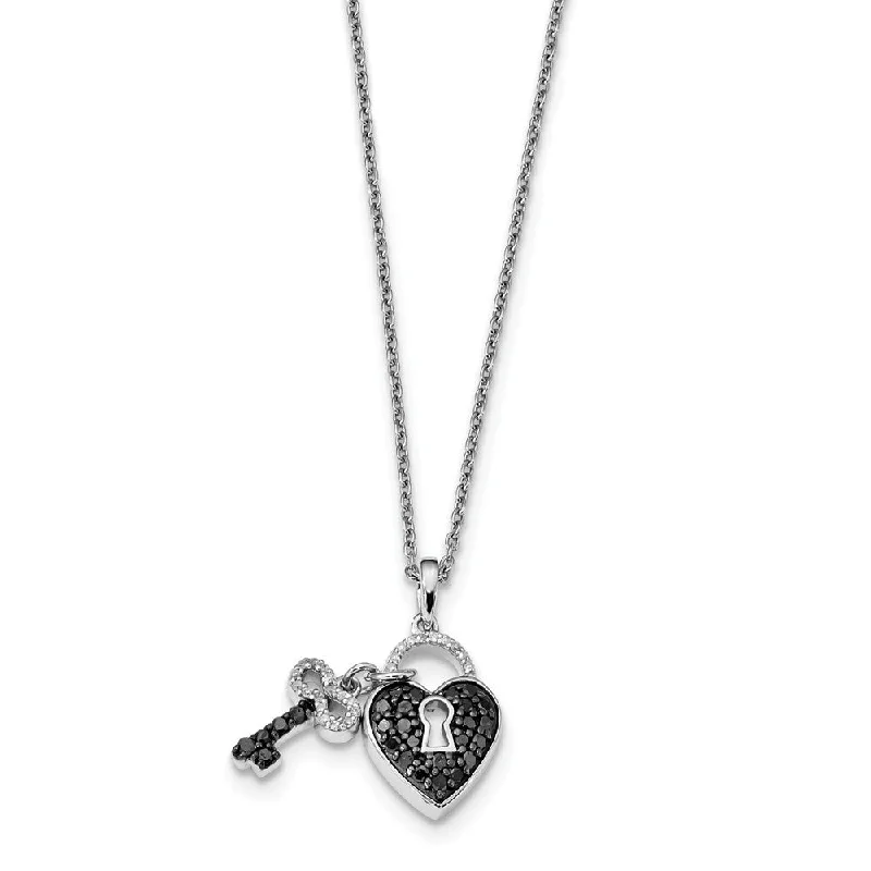 Vintage Style Necklace-Black & White Diamond Heart Lock & Key Necklace in Sterling Silver