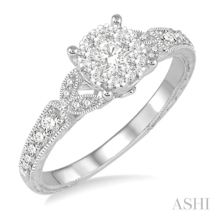 Custom Engagement Ring with Diamonds-1/2 Ctw Round Cut Diamond Lovebright Engagement Ring in 14K White Gold