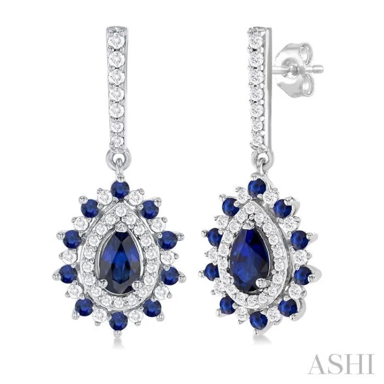 Elegant Hoop Earrings-1/3 ctw 5X3MM & 1.45MM Sapphire and Round Cut Diamond Precious Earring in 14K White Gold