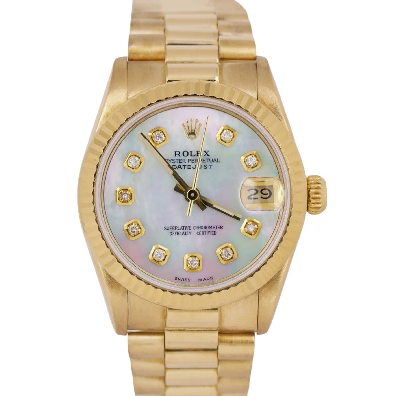 Men's Watches with Black Mesh Strap for Modern Style-Rolex DateJust President 31mm MOTHER OF PEARL DIAMOND 18K Gold Fluted 68278