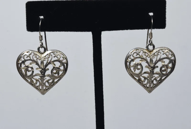 Unique Gem Earrings for Fashion-Sterling Silver Pierced Heart Design Dangle Earrings