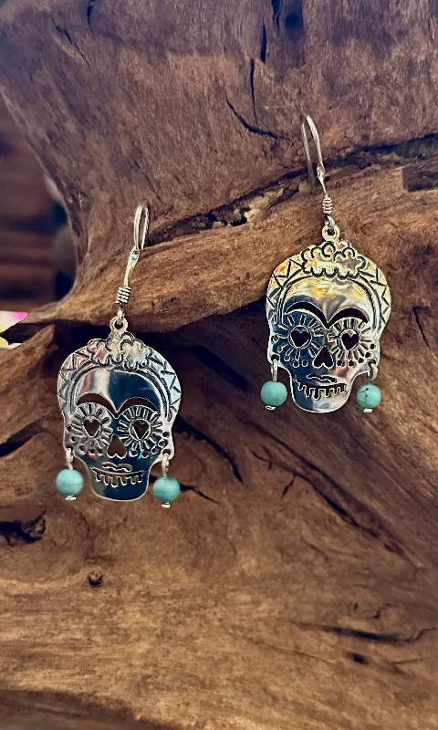 Unique Earrings for Trendy Looks-LAS CALAVERAS Mexican Sterling Silver & Turquoise Frida Kahlo Folk Skull Earrings