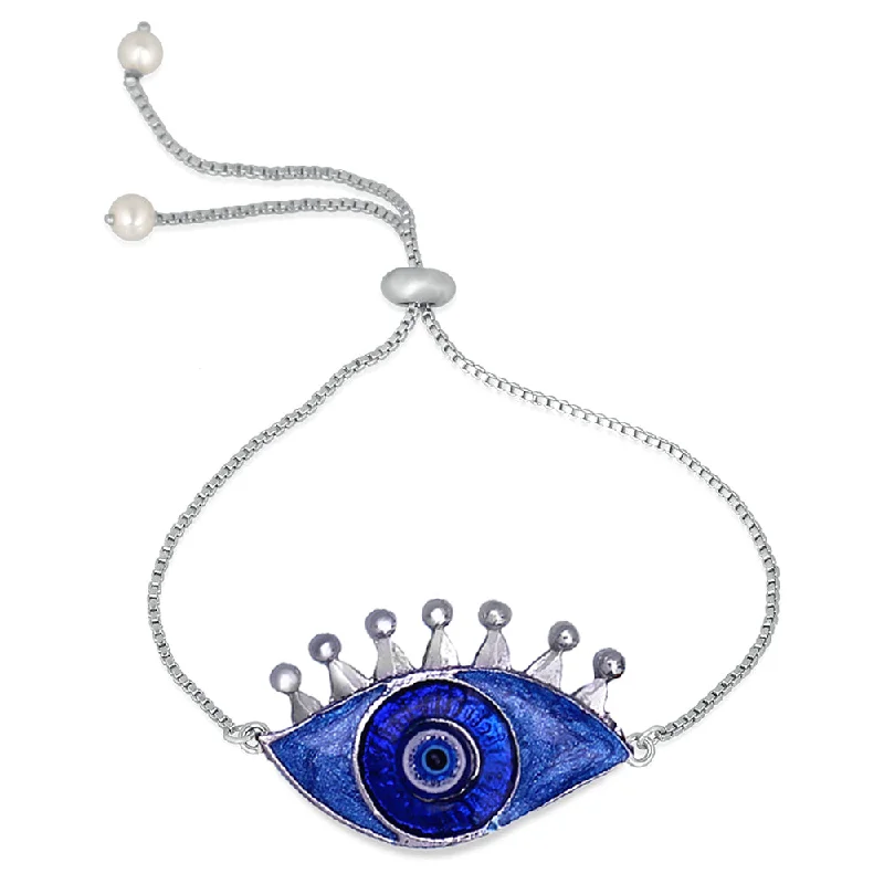 Customizable Bangles for Unique Gifts-Mahi Silver Color Blue Meenakari work Evil Eye Adjustable Bracelet for Girls (BR1100467R)