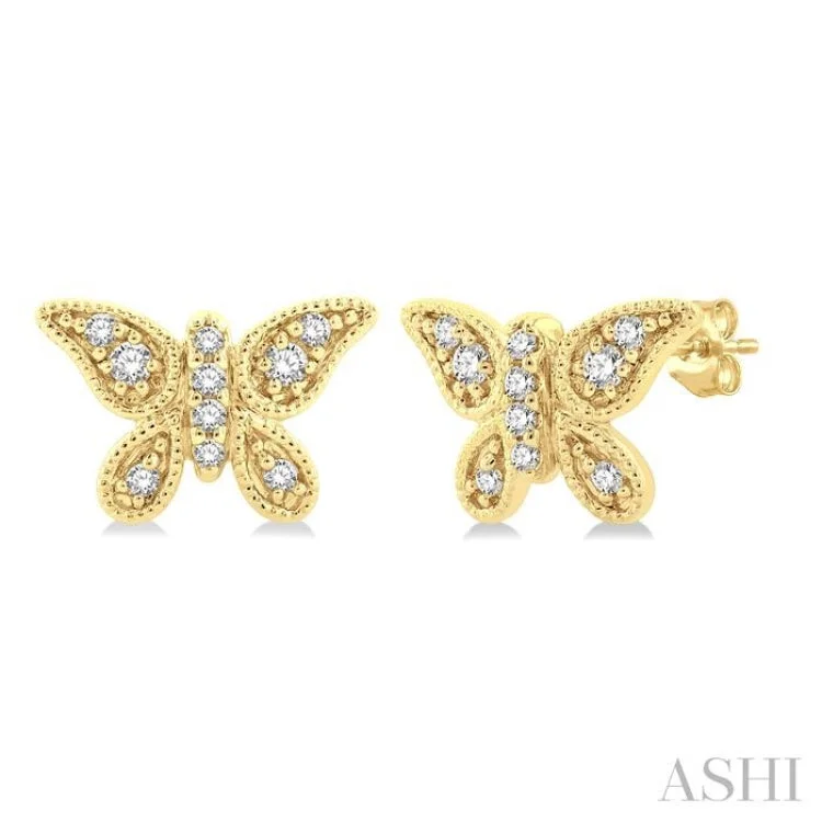 Handmade Earrings for Casual Style-1/10 ctw Petite Milgrain Butterfly Round Cut Diamond Fashion Stud Earring in 10K Yellow Gold