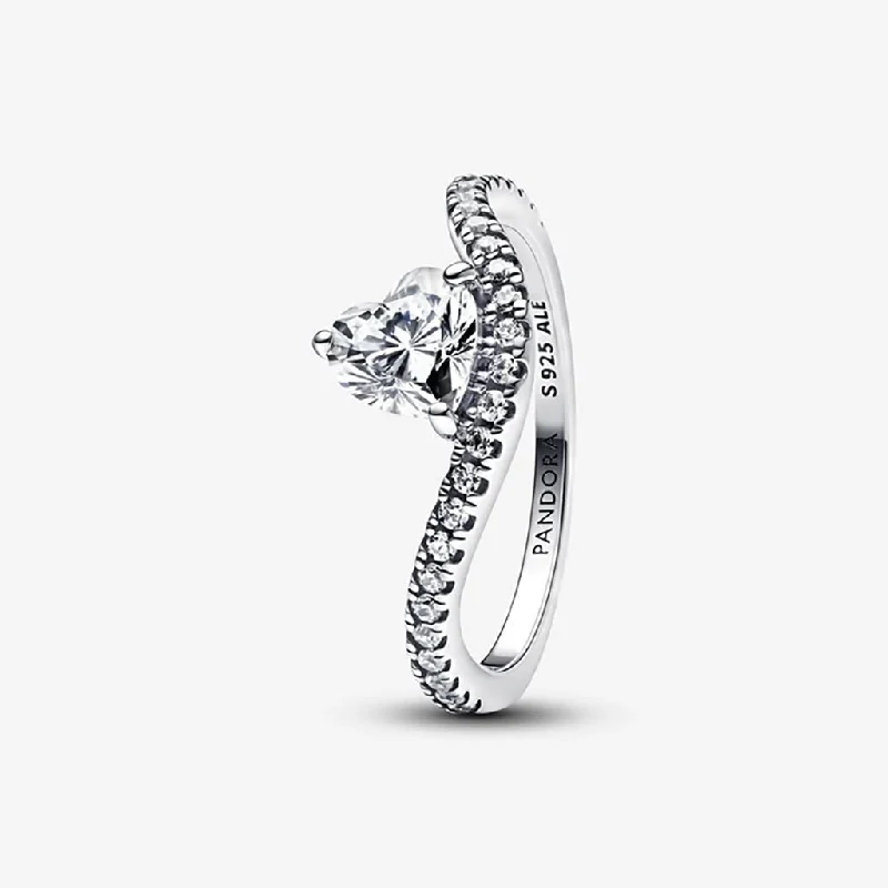 Unique Gemstone Ring-PANDORA : Wavy Pavé Heart Ring