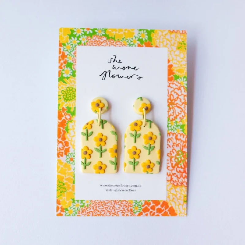 Classic Earrings for Every Occasion-She Wore Flowers Dangles - Yellow Flowers