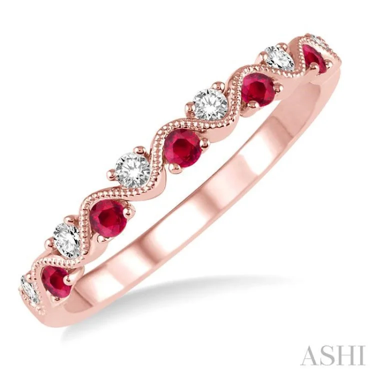 Bold Gemstone Ring for Statement Look-1/6 Ctw Round Cut Diamond and 1.80mm Ruby Precious Waves Wedding Band in 14K Rose Gold