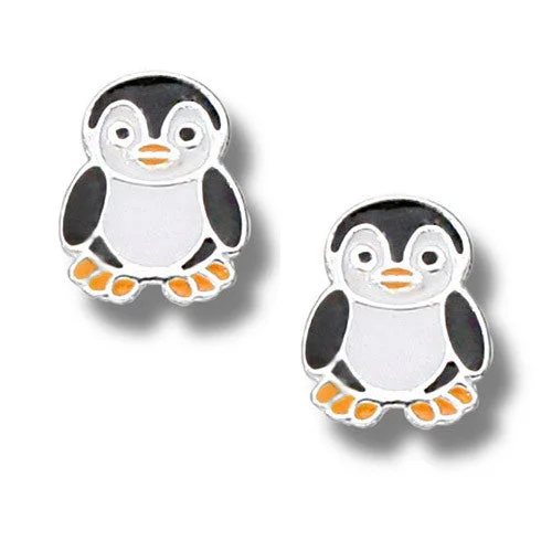 Sparkly Earrings for Bridesmaids-Waddling Sterling Silver / Enamel Penguin Earrings (1/2 Tall)