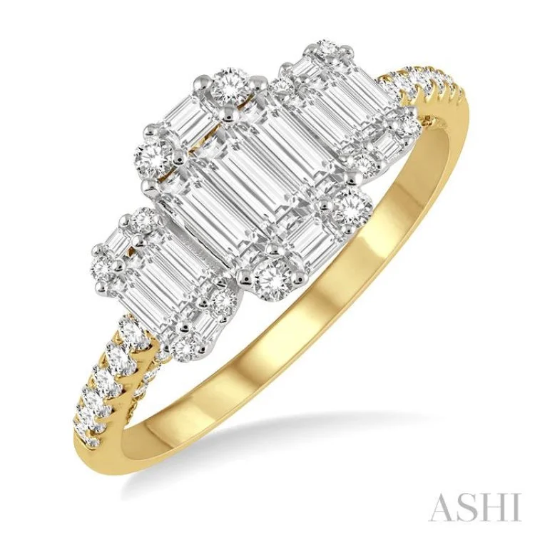 Handcrafted Diamond Ring for Engagement-7/8 ctw Tri-Mount Fusion Baguette and Round Cut Diamond Engagement Ring in 14K Yellow and White gold