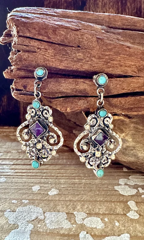 Beautiful Drop Earrings for Elegant Look-CHIC CHANDELIER Amethyst and Turquoise Sterling Silver Earrings • 14g